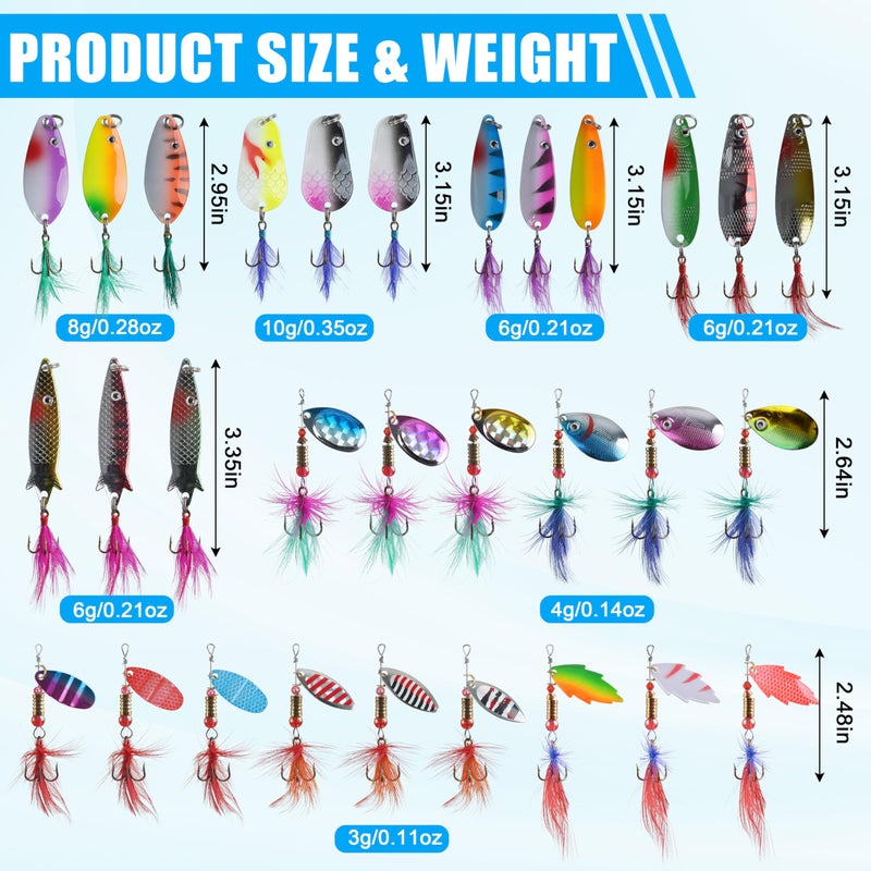 SILANON Rooster Bait Tail Spinner Fishing Lures Kit,30pcs Metal Spoon Lures with Feathered Treble Hooks for Bass Walleye Trout Freshwater Saltwater - Image 4